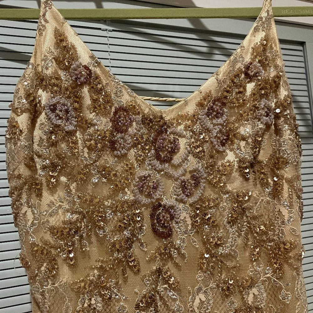 Champagne Beaded Embroidered Formal Dress with Lace Overlay